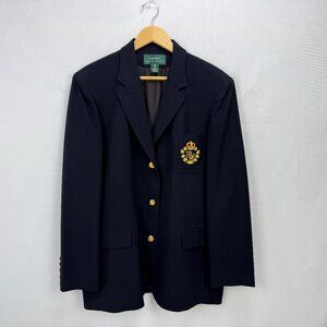 Vintage Ralph Lauren Crested Blazer Navy Worsted Wool Preppy Old Money Academia